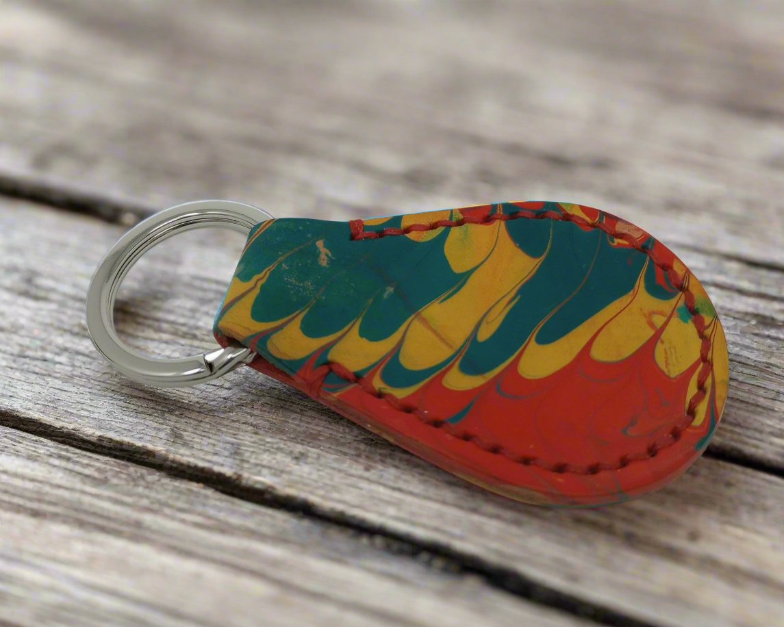 Large Marbled Red, Green, and Yellow Leather Keychain